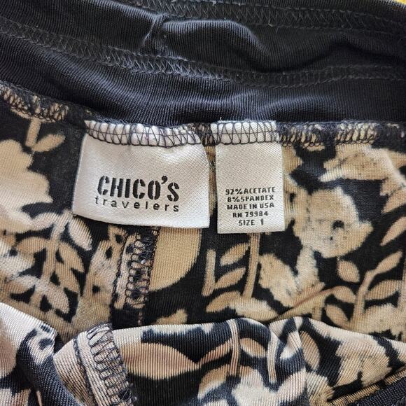 Chico's Travelers Black Tan Wide Leg Pants Lightweight Floral Drawstring Medium - Picture 3 of 6